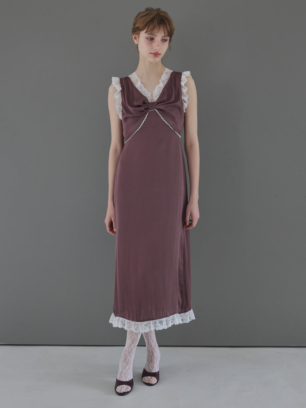 Lace trim satin ribbon dress モカ size:M model:175cm MARTA