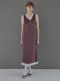 Lace trim satin ribbon dress モカ size:M model:175cm MARTA