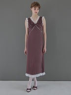 Lace trim satin ribbon dress モカ size:M model:175cm MARTA