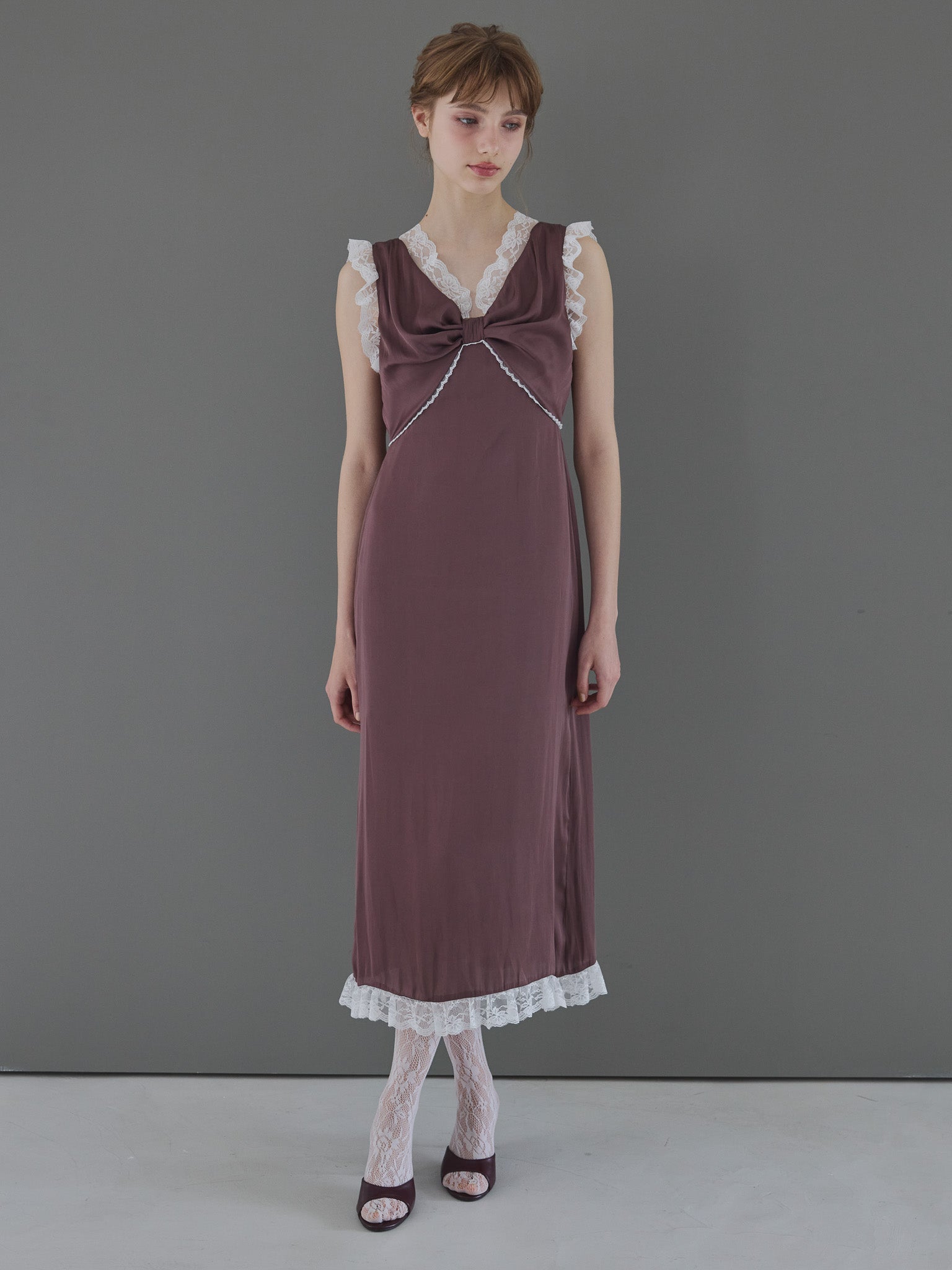 Lace trim satin ribbon dress モカ size:M model:175cm MARTA