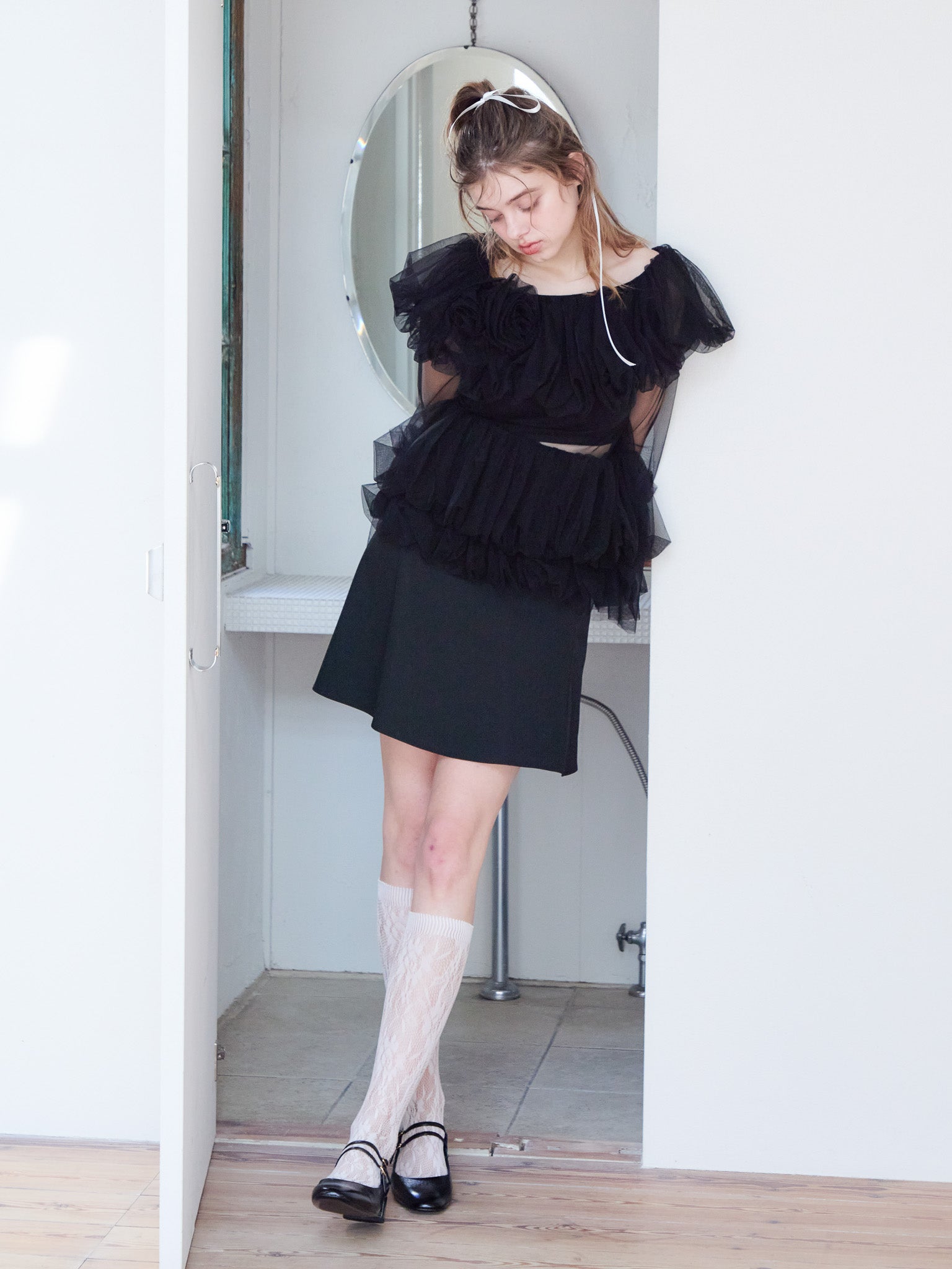 Rose tulle off shoulder blouse ブラック size:M model:174cm KATERYNA