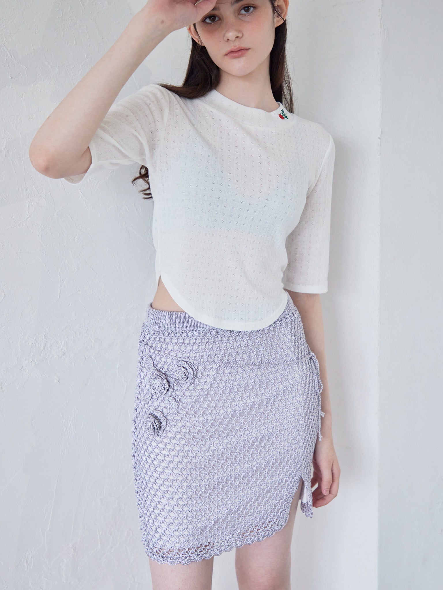 Rose crochet mini skirt サックス size:M model:170cm ALICE