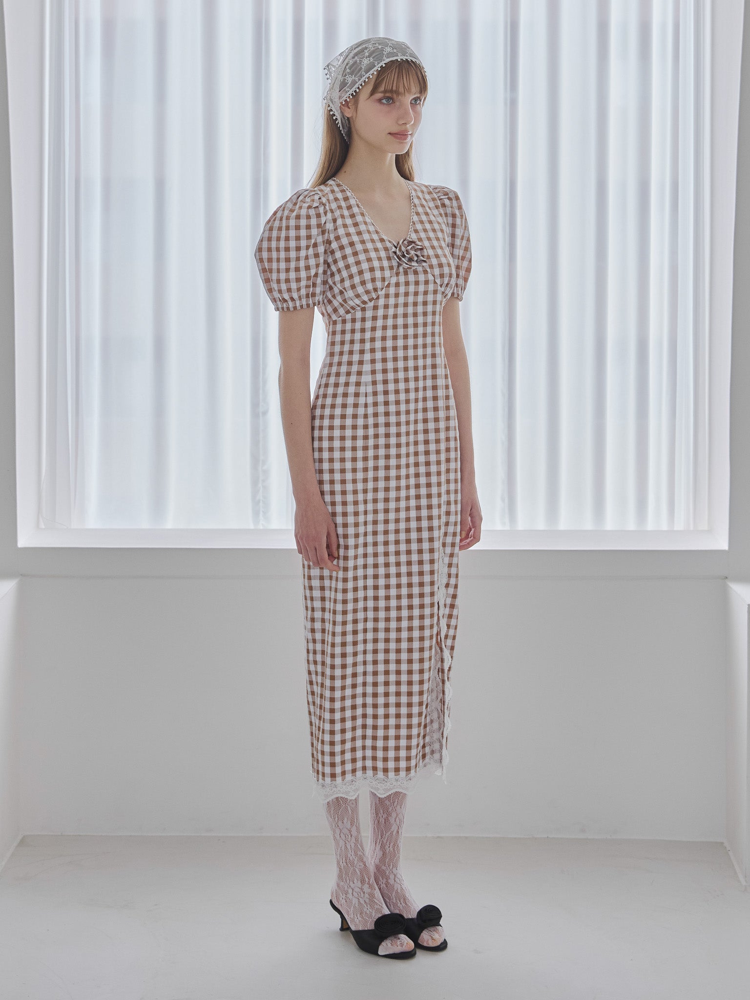 Rose gingham dress モカ size:M model:175cm MARTA