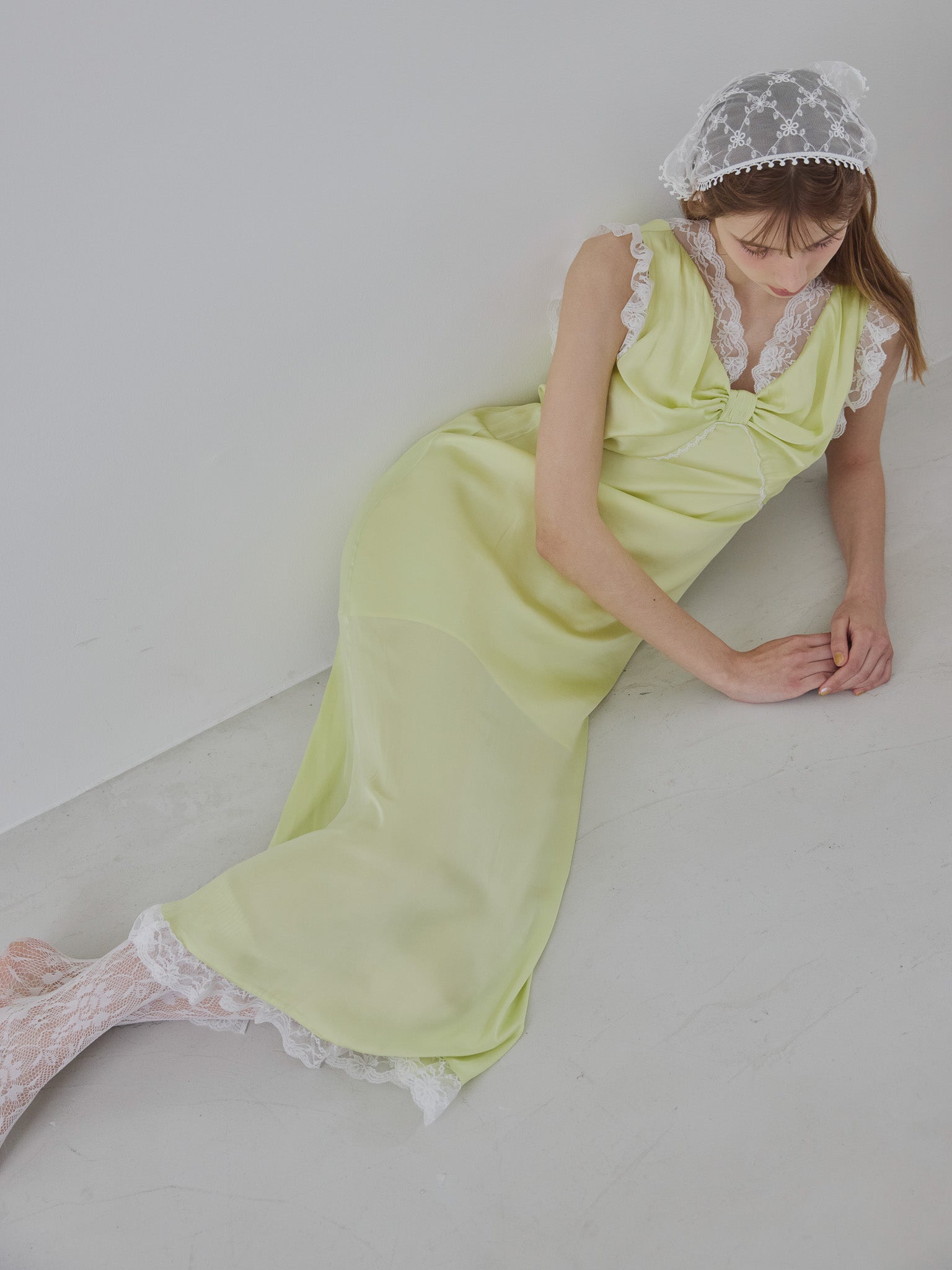 Lace trim satin ribbon dress ライム size:M model:175cm MARTA