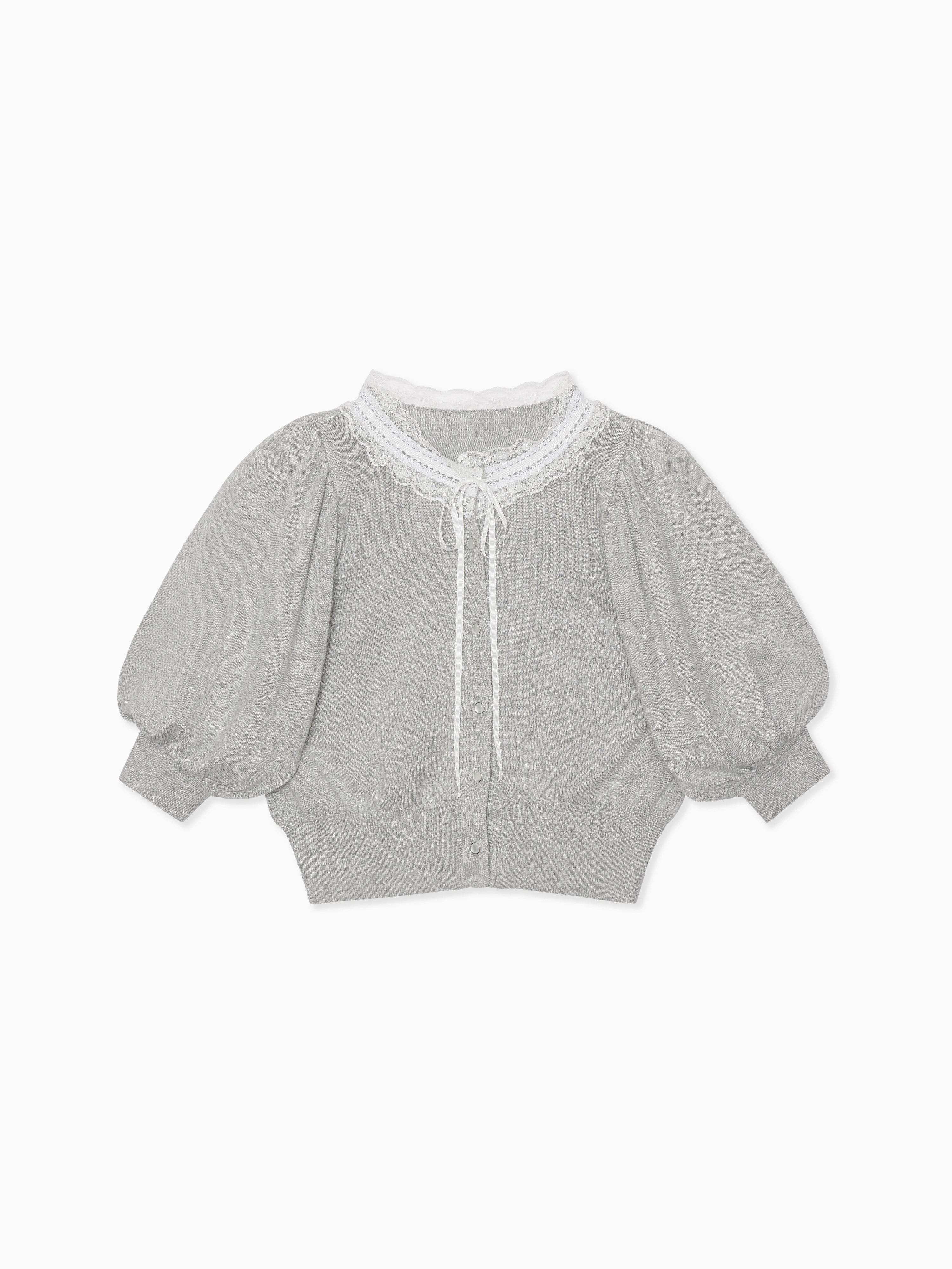 Lace collar puff sleeve cardigan グレー
