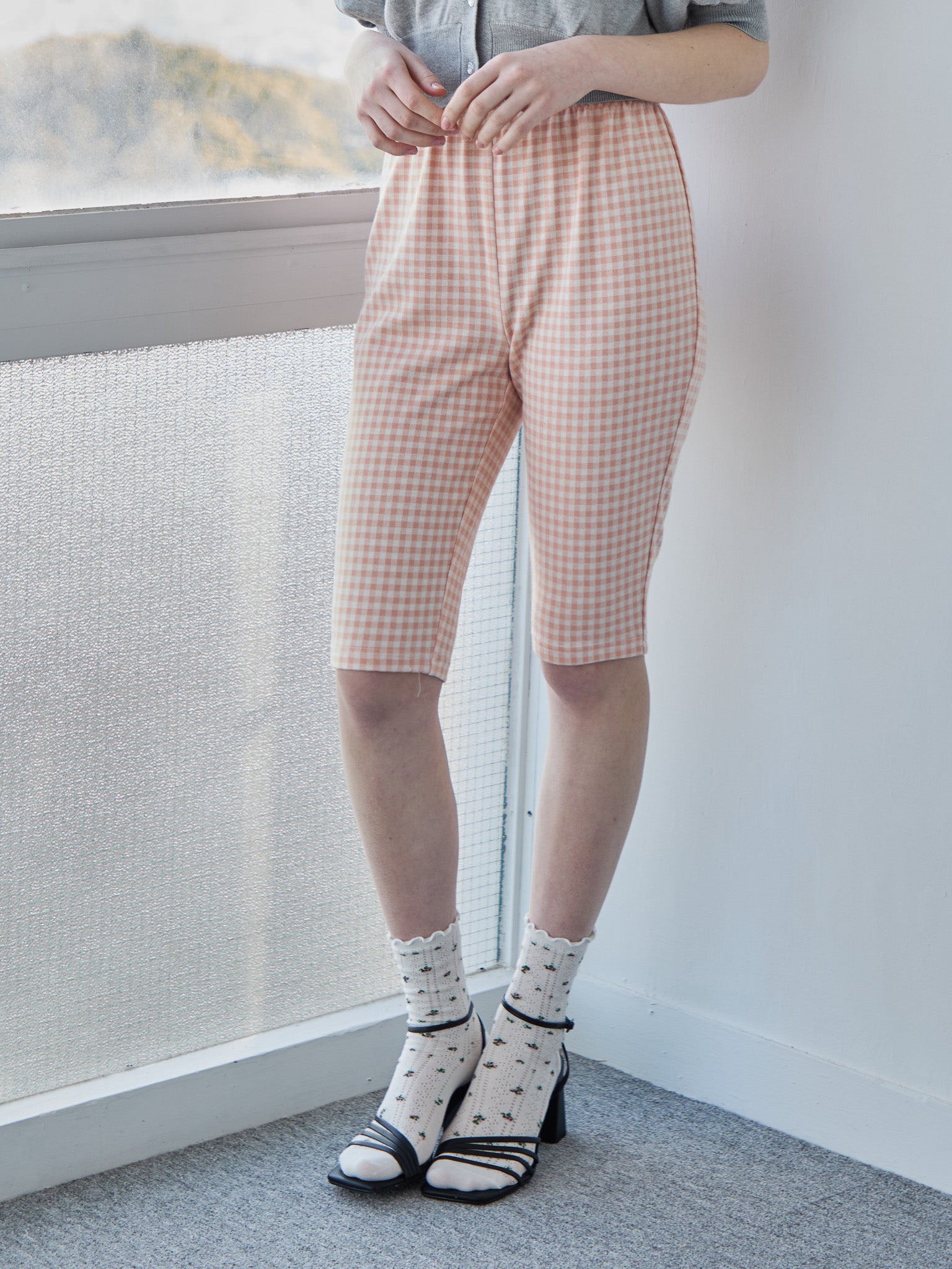 Gingham check sabrina stretch pants ピンク size:M model:171cm ANIUTA