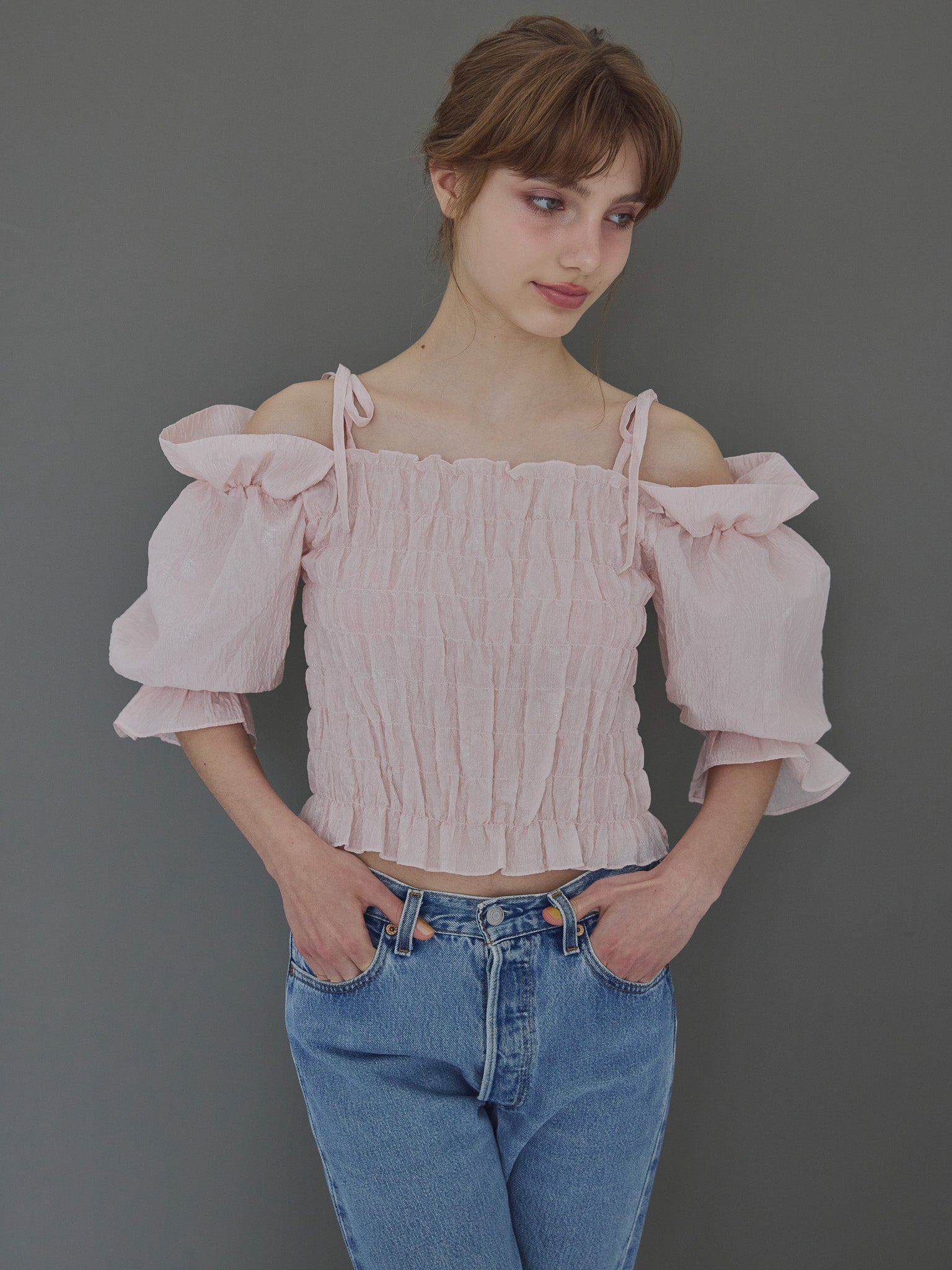 Sheer jacquard off shoulder blouse ピンク size:M model:175cm MARTA