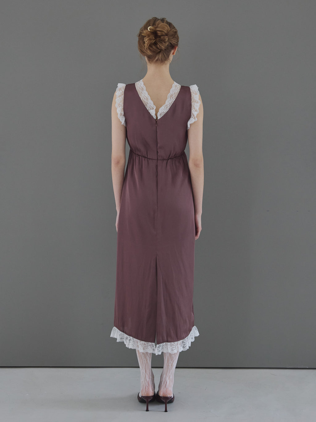 Lace trim satin ribbon dress モカ size:M model:175cm MARTA