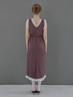 Lace trim satin ribbon dress モカ size:M model:175cm MARTA