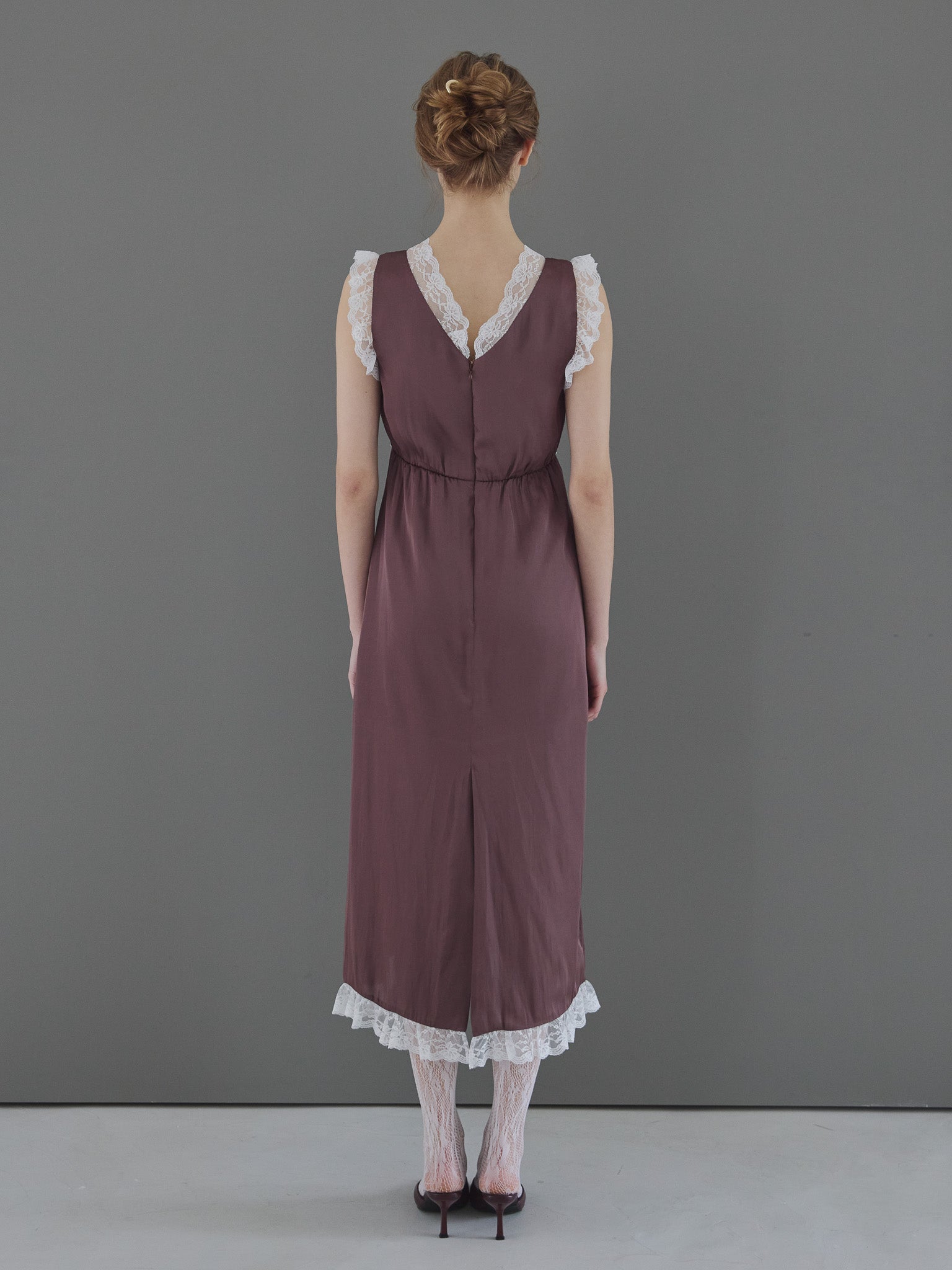 Lace trim satin ribbon dress モカ size:M model:175cm MARTA