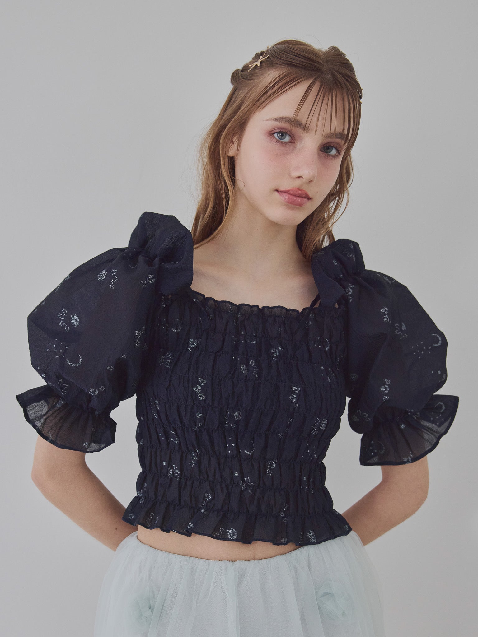 Sheer jacquard off shoulder blouse ネイビー size:M model:175cm MARTA