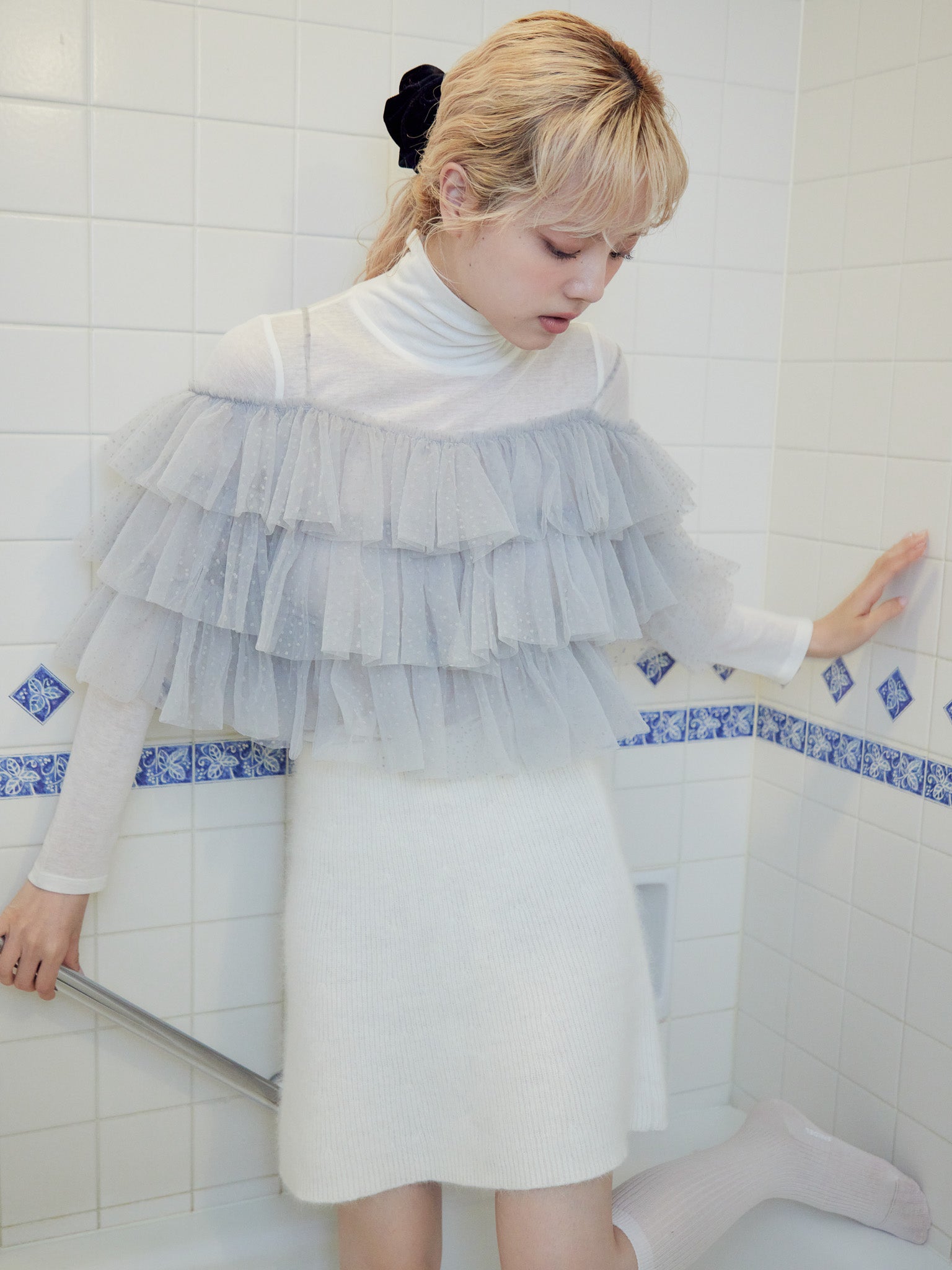 Dot tulle ruffle & knit top set ライトグレー size:M model:163cm MINAMI