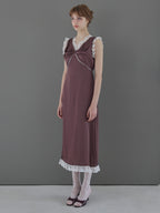 Lace trim satin ribbon dress モカ size:M model:175cm MARTA