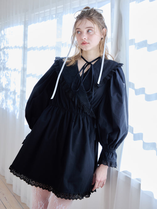 French letter collar wrap mini dress ブラック size:M model:174cm KATERYNA