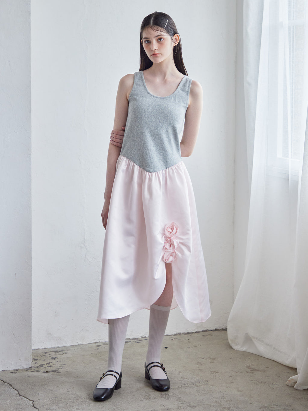 Rose satin docking rib dress ピンク size:M model:170cm ALICE