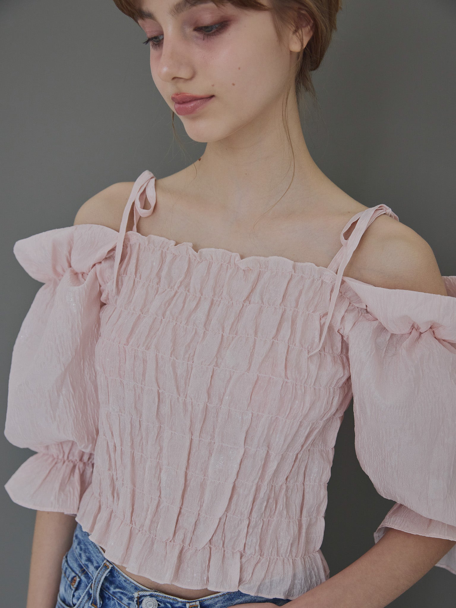 Sheer jacquard off shoulder blouse ピンク size:M model:175cm MARTA