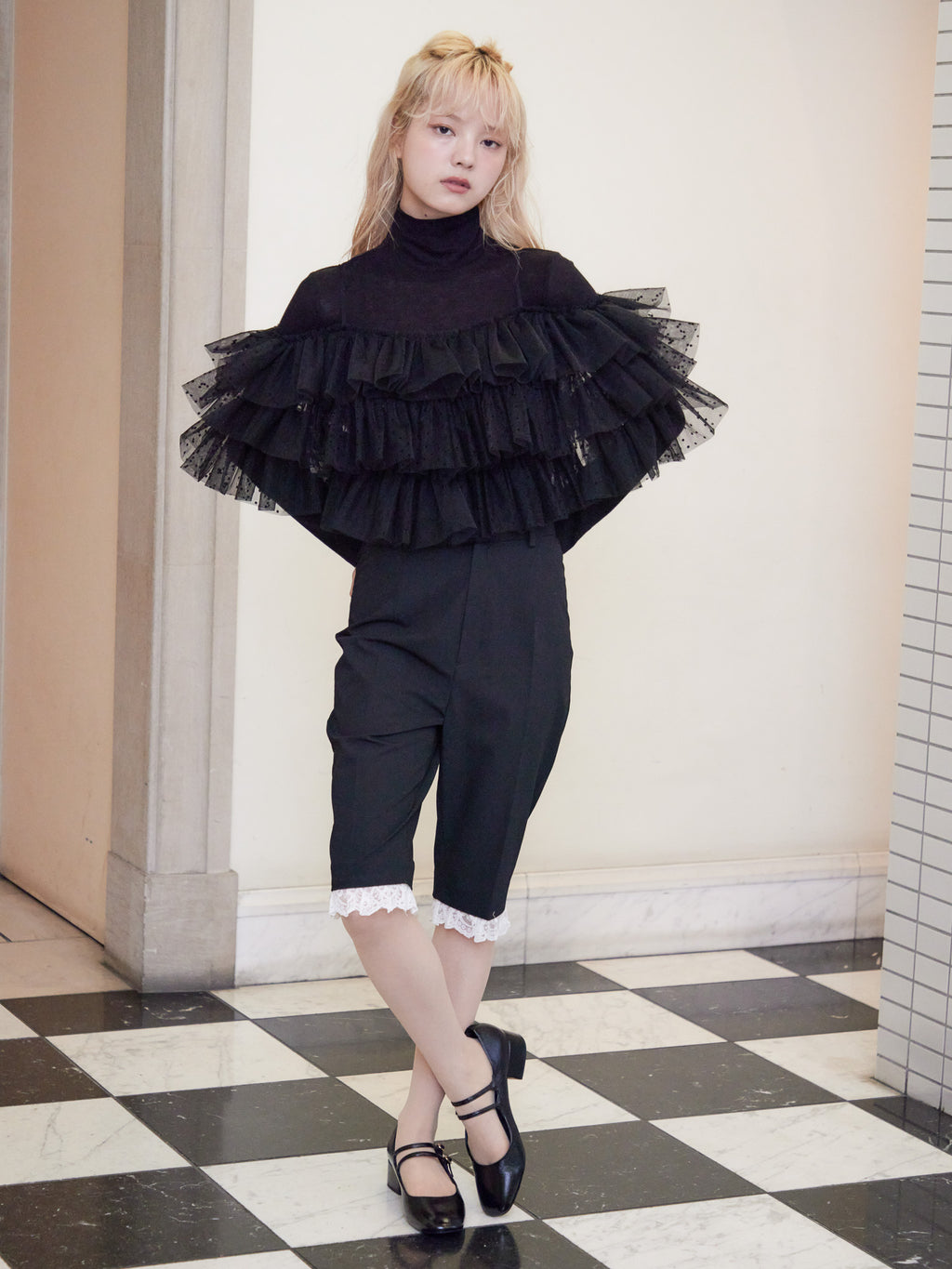 Dot tulle ruffle & knit top set ブラック size:M model:163cm MINAMI