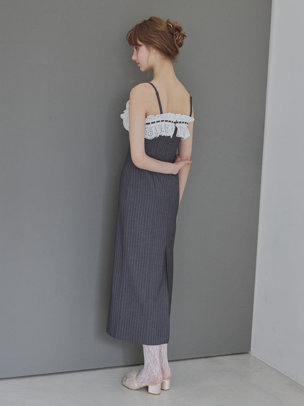 Lace ribbon stripe tight dress グレー size:M model:175cm MARTA