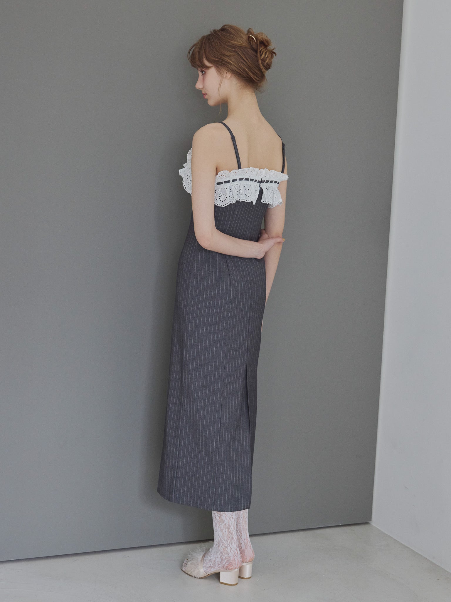 Lace ribbon stripe tight dress グレー size:M model:175cm MARTA