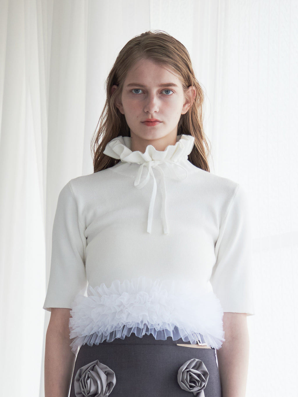 Hem tulle rib knit ホワイト size:M model:174cm LERA