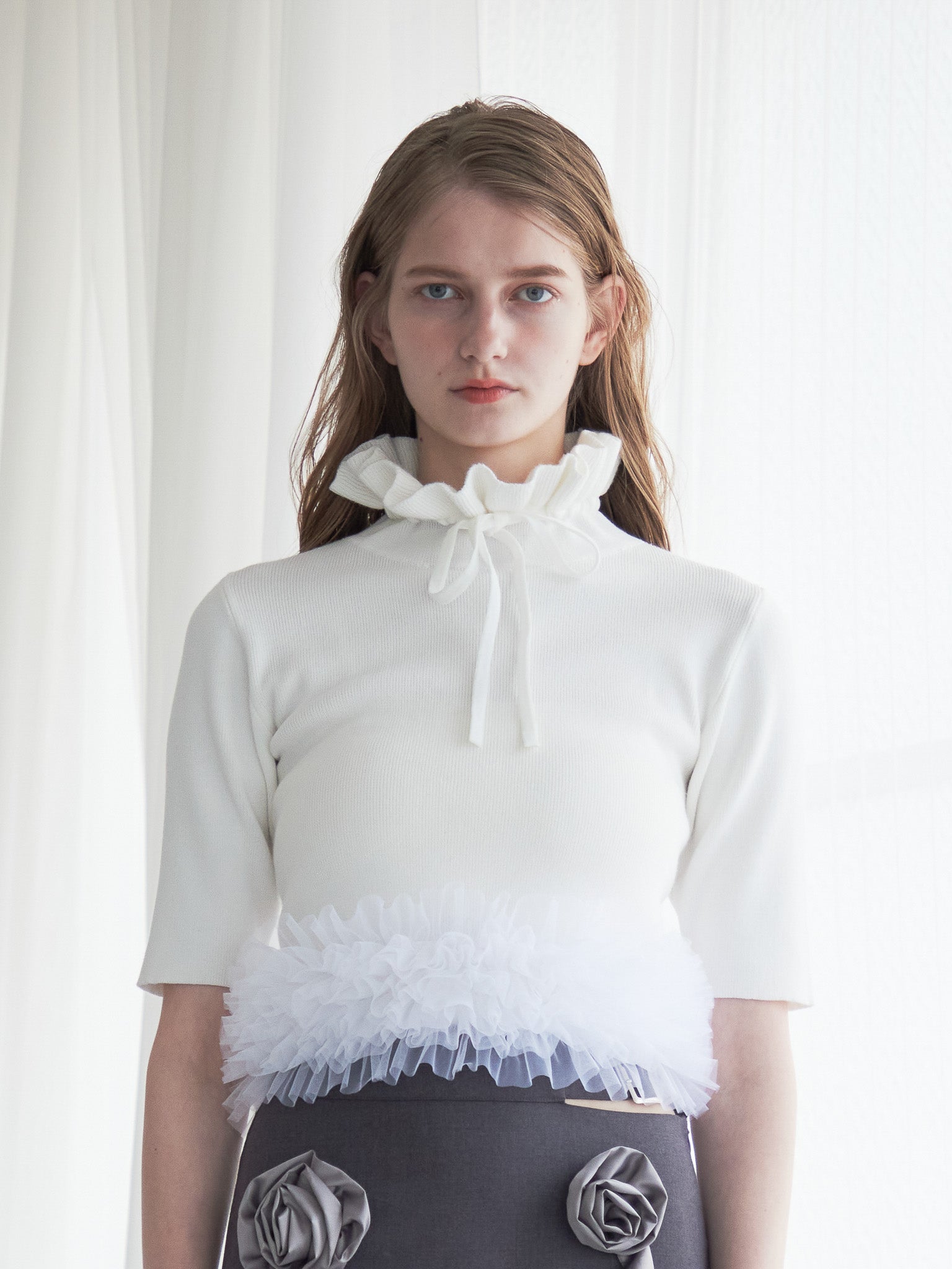 Hem tulle rib knit ホワイト size:M model:174cm LERA