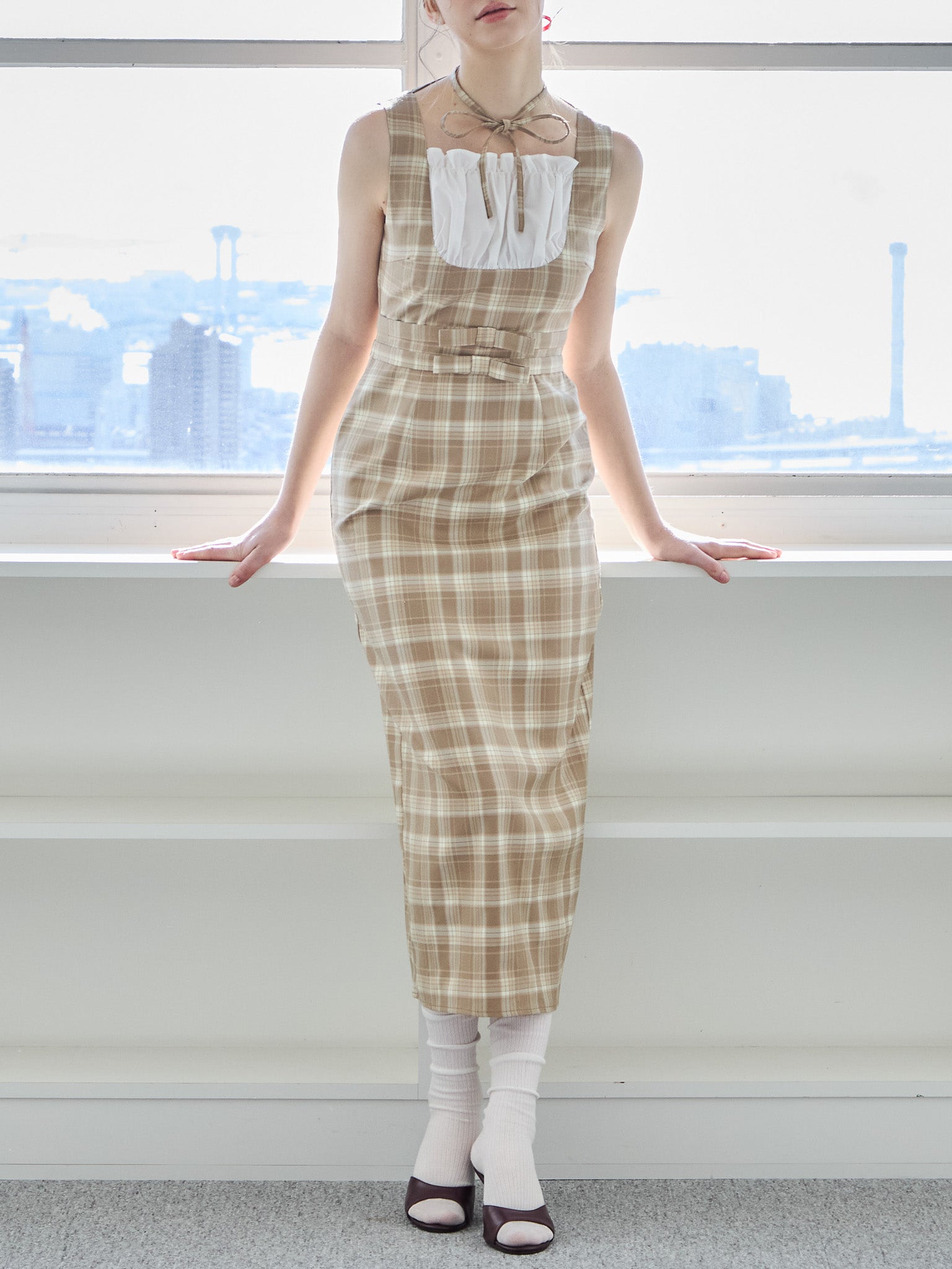 Ribbon waist dress チェック size:M model:171cm ANIUTA