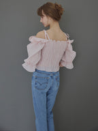 Sheer jacquard off shoulder blouse ピンク size:M model:175cm MARTA