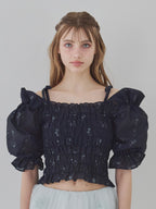 Sheer jacquard off shoulder blouse ネイビー size:M model:175cm MARTA