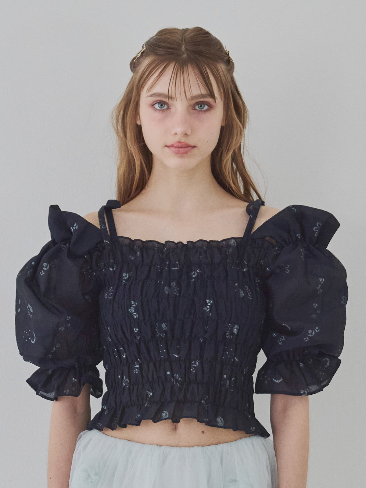 Sheer jacquard off shoulder blouse ネイビー size:M model:175cm MARTA