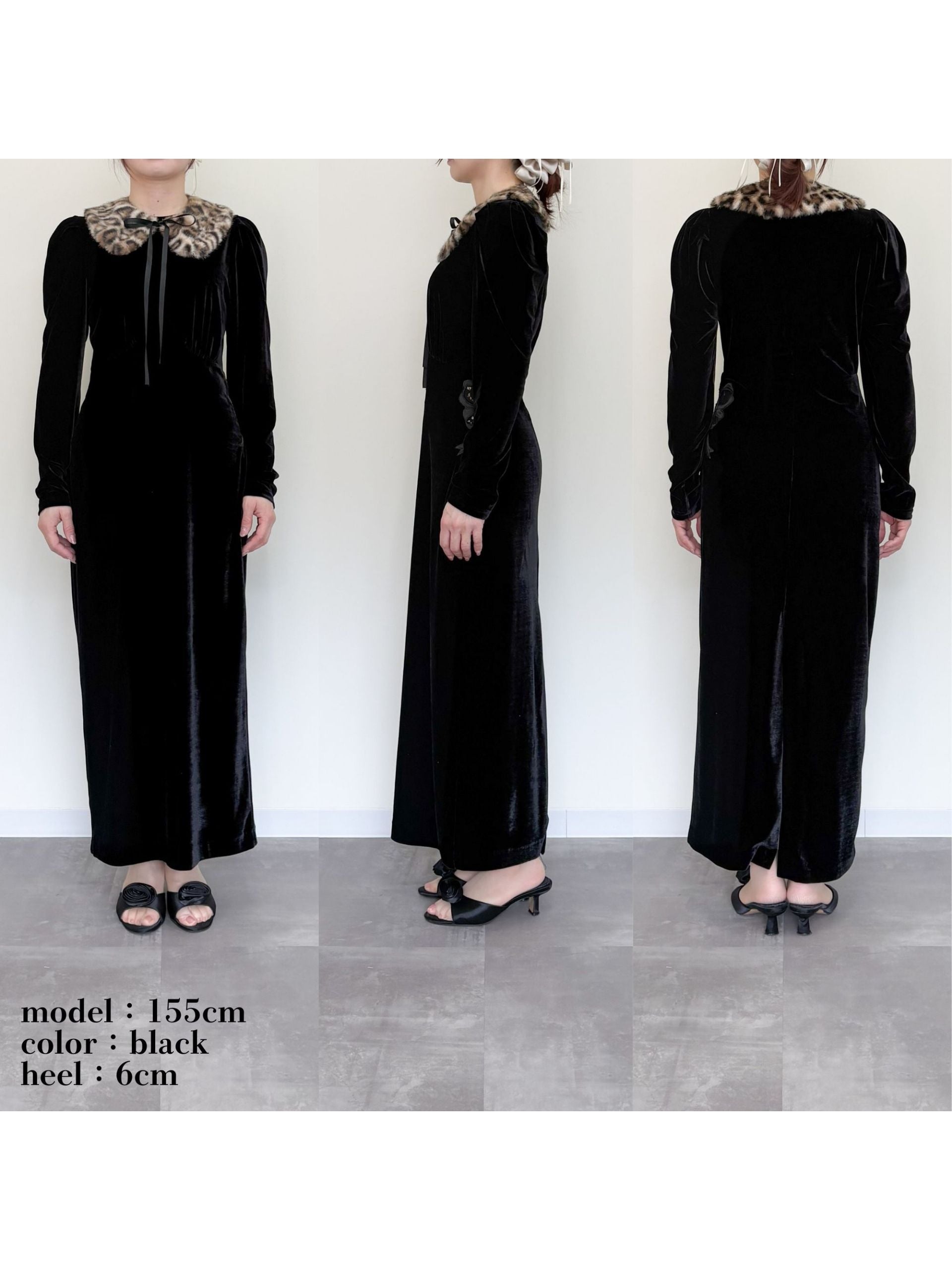 Ribbon embroidered velour dress & tippet ブラック