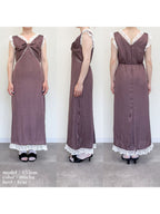 Lace trim satin ribbon dress モカ