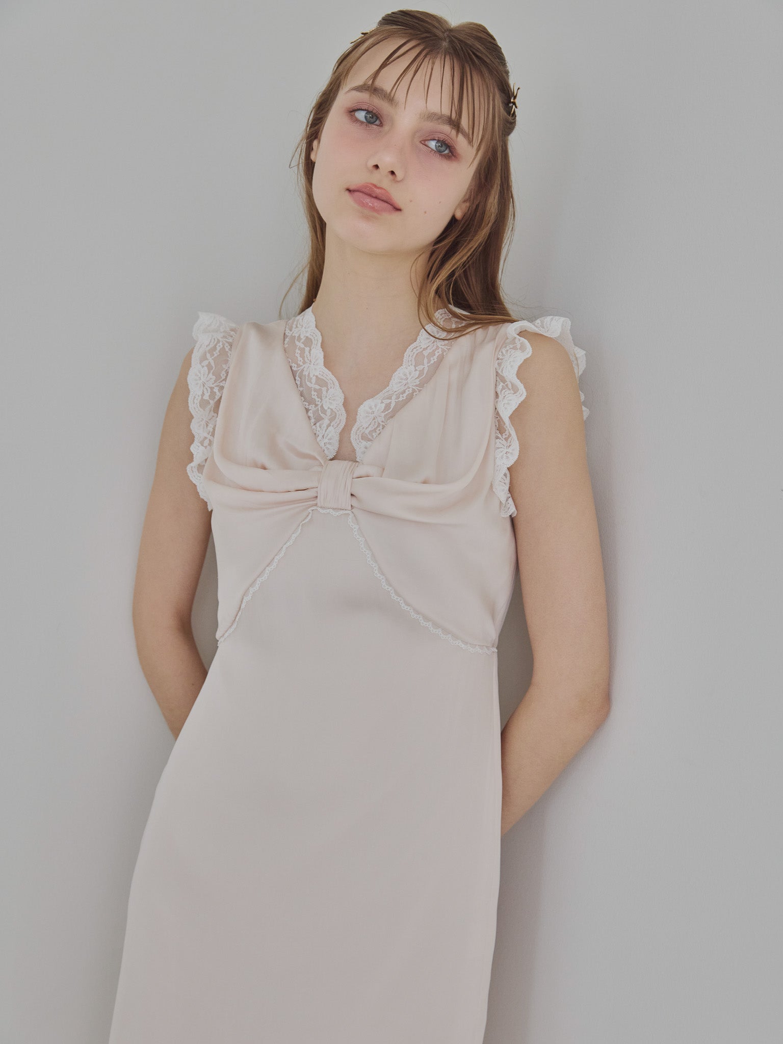 Lace trim satin ribbon dress ピンクベージュ size:M model:175cm MARTA