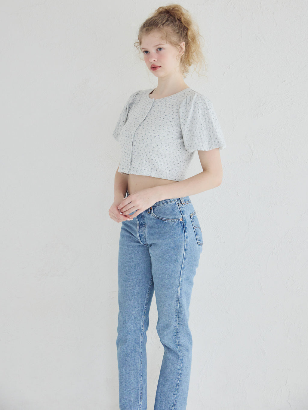 Tulle hem small floral print cardigan グレー size:M model:173cm Olesia