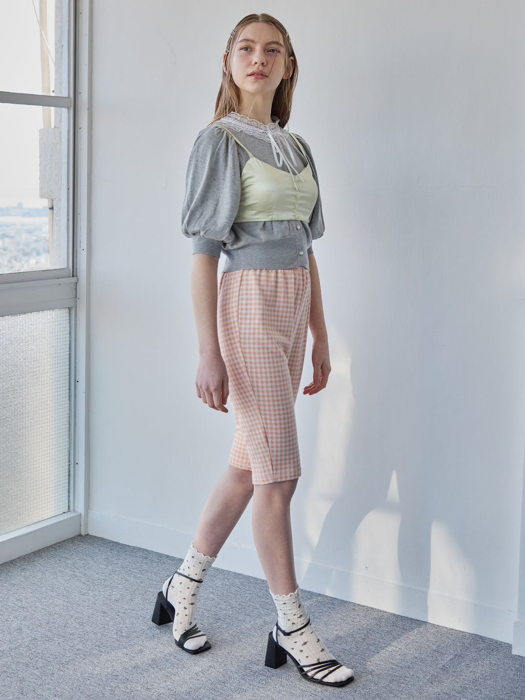 Gingham check sabrina stretch pants ピンク size:M model:171cm ANIUTA