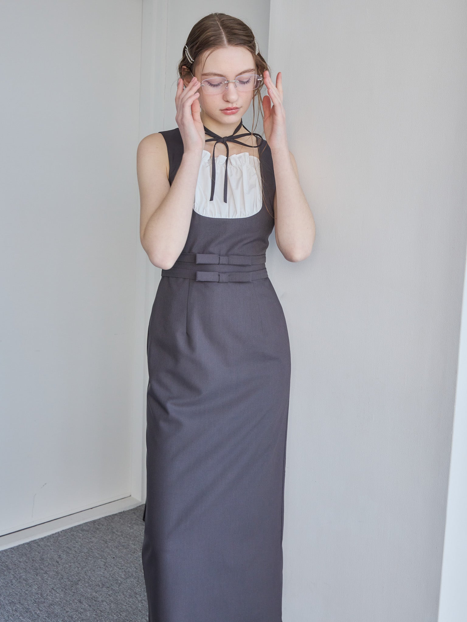Ribbon waist dress グレー size:M model:171cm ANIUTA