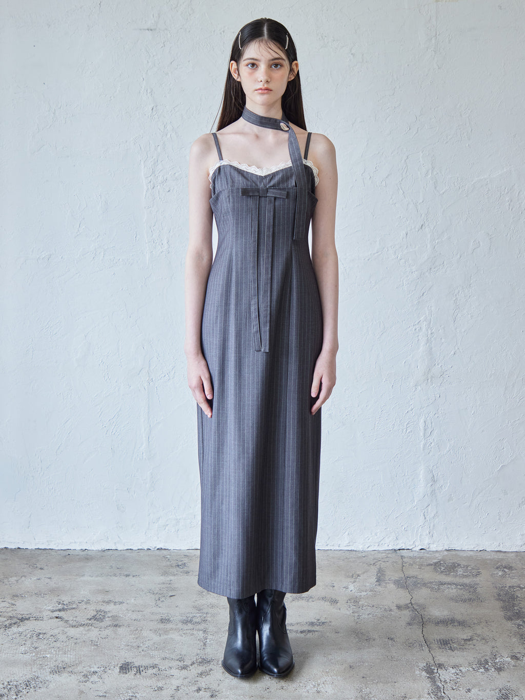 Stripe ribbon tight dress グレー size:M model:170cm ALICE