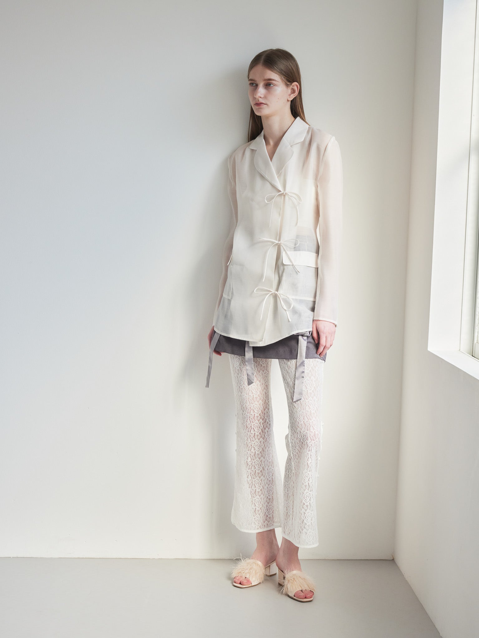 Ribbon sheer jacket アイボリー size:M model:174cm LERA