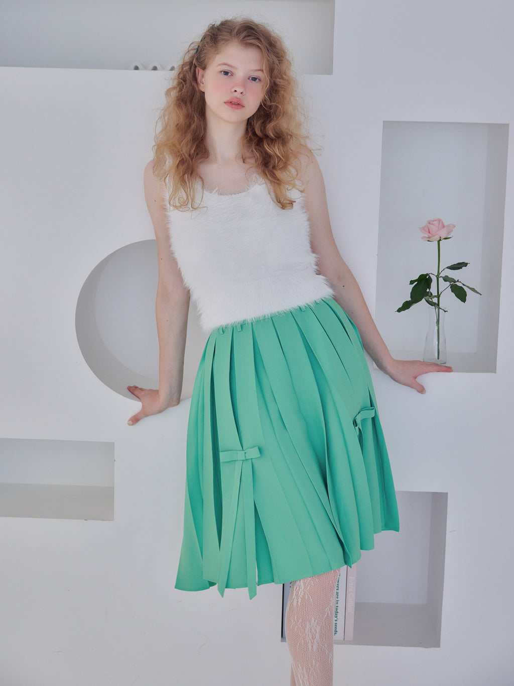Ribbon slit pleated skirt グリーン size:M model:173cm Olesia