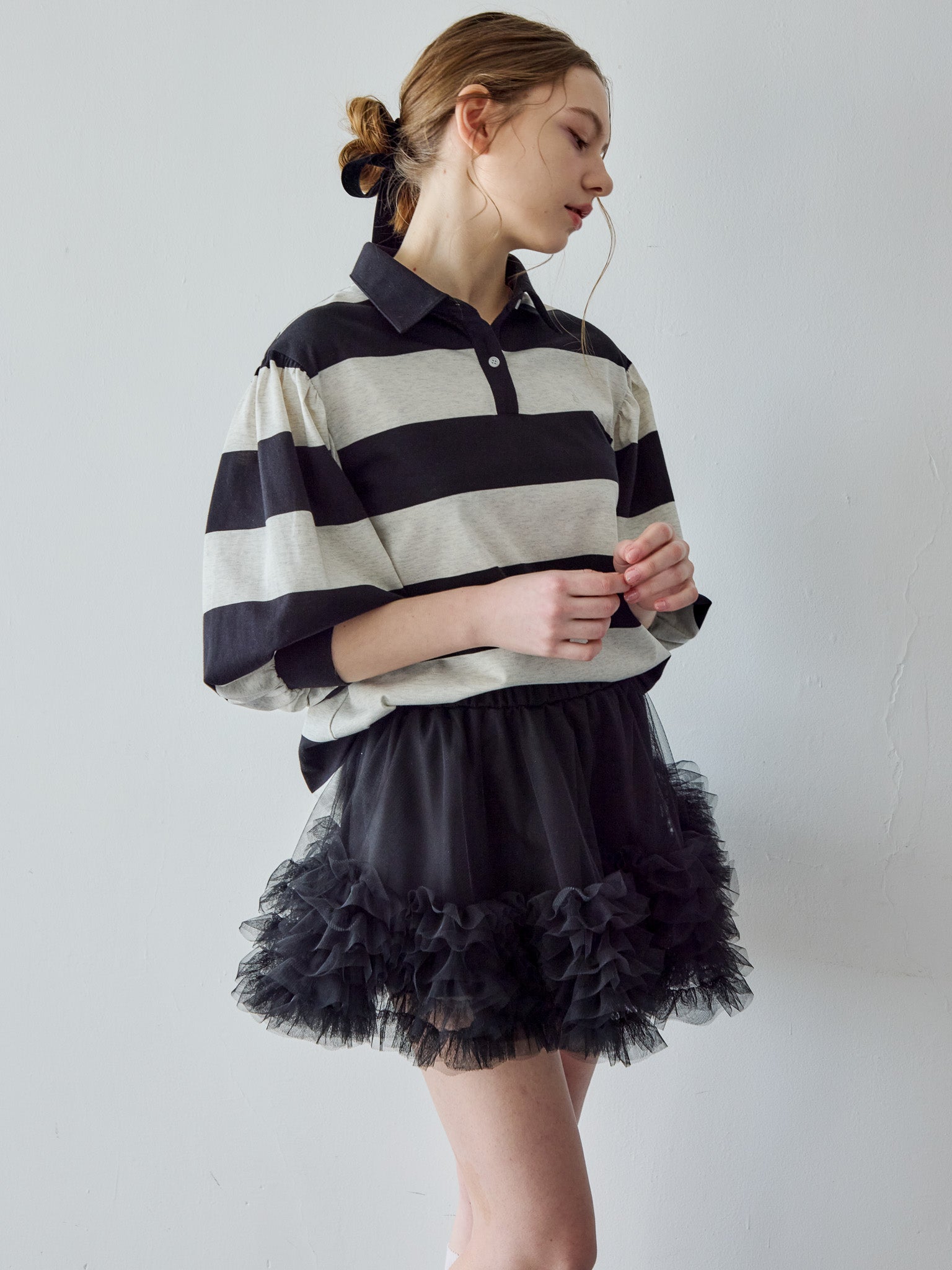 Rugby shirt and frill pants skirt ブラック size:M model:171cm ANIUTA
