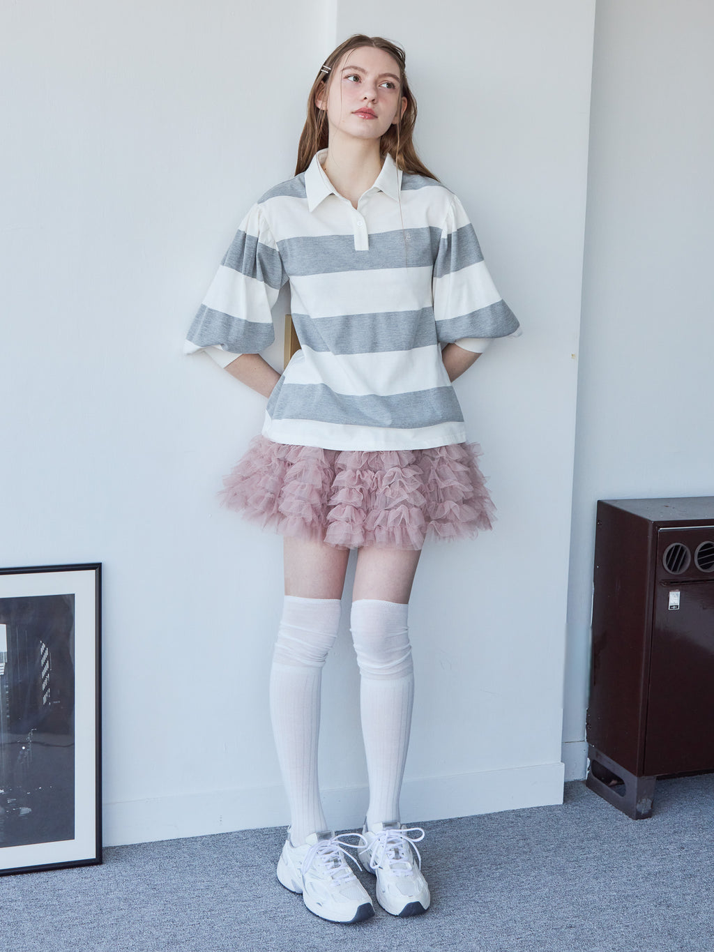 Rugby shirt and frill pants skirt グレー size:M model:171cm ANIUTA