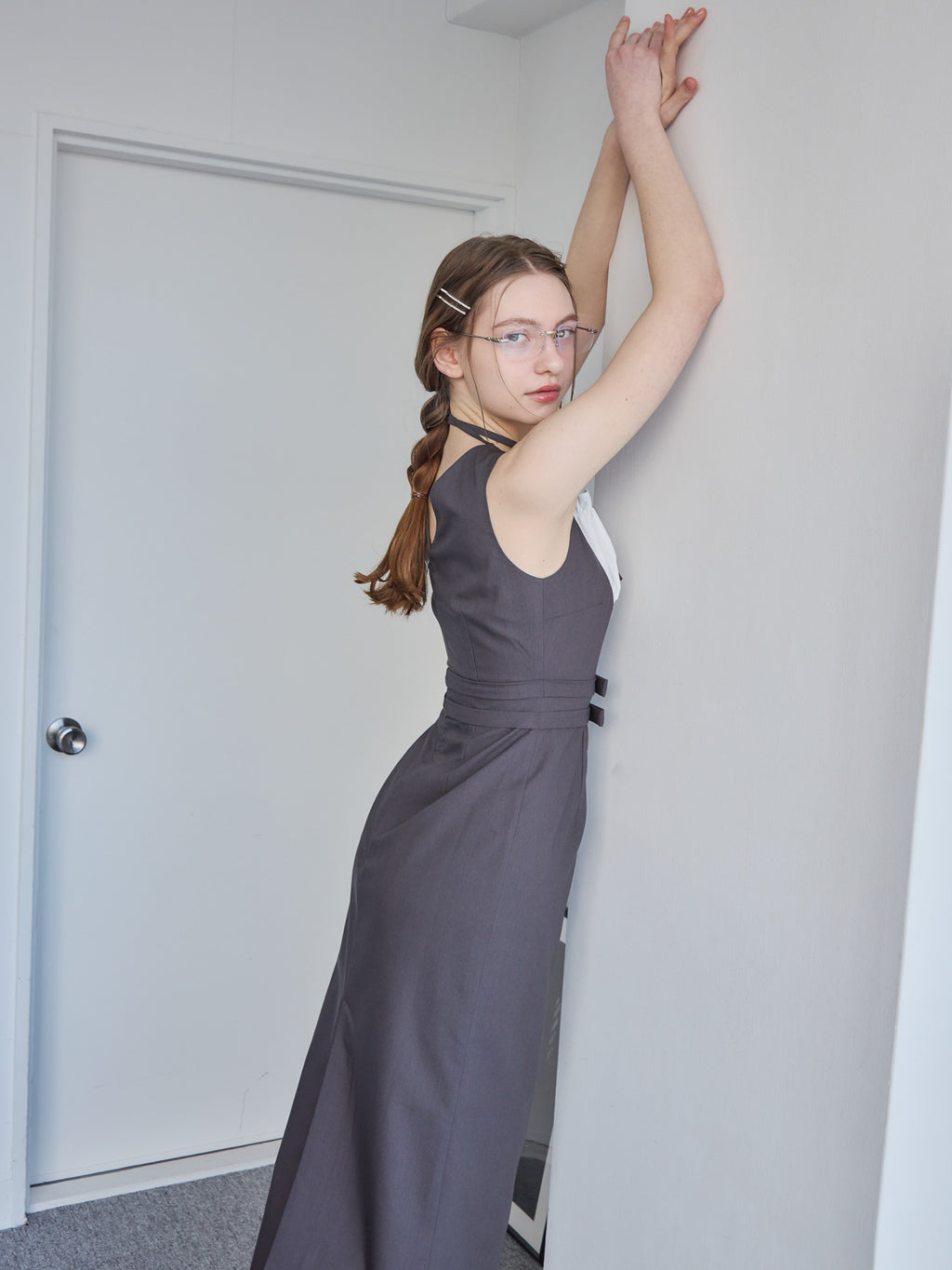 Ribbon waist dress グレー size:M model:171cm ANIUTA
