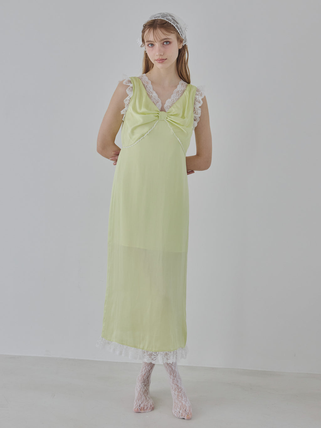 Lace trim satin ribbon dress ライム size:M model:175cm MARTA