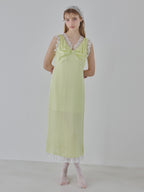 Lace trim satin ribbon dress ライム size:M model:175cm MARTA