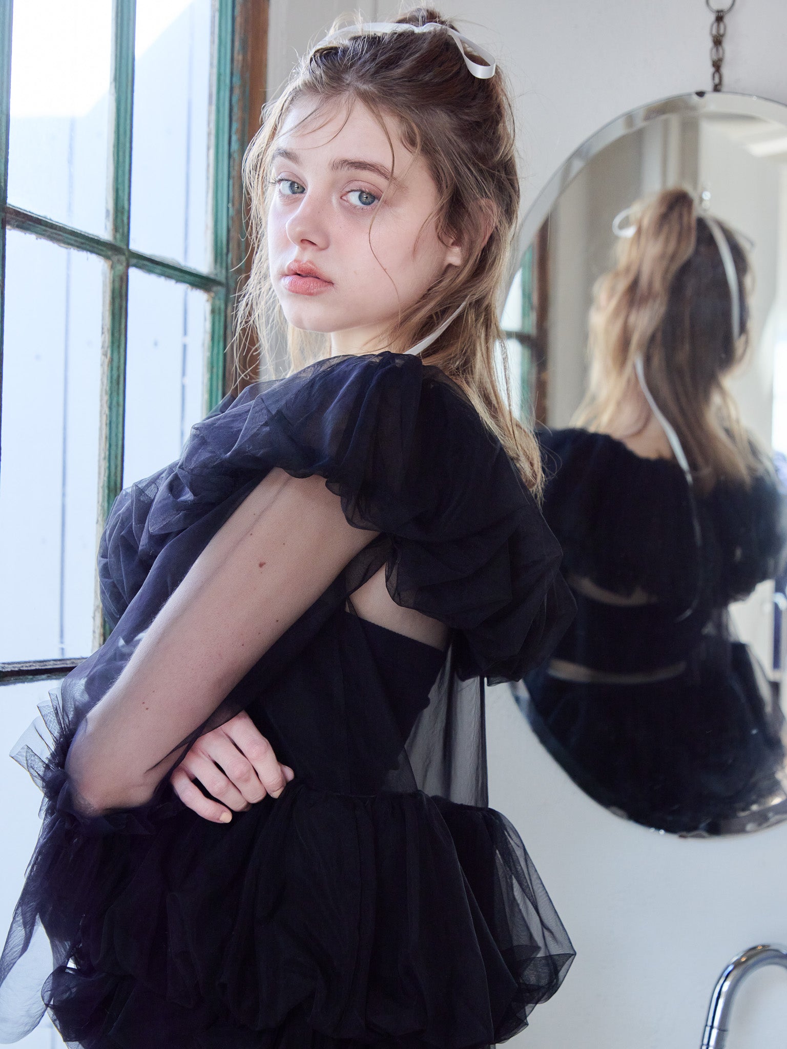 Rose tulle off shoulder blouse ブラック size:M model:174cm KATERYNA