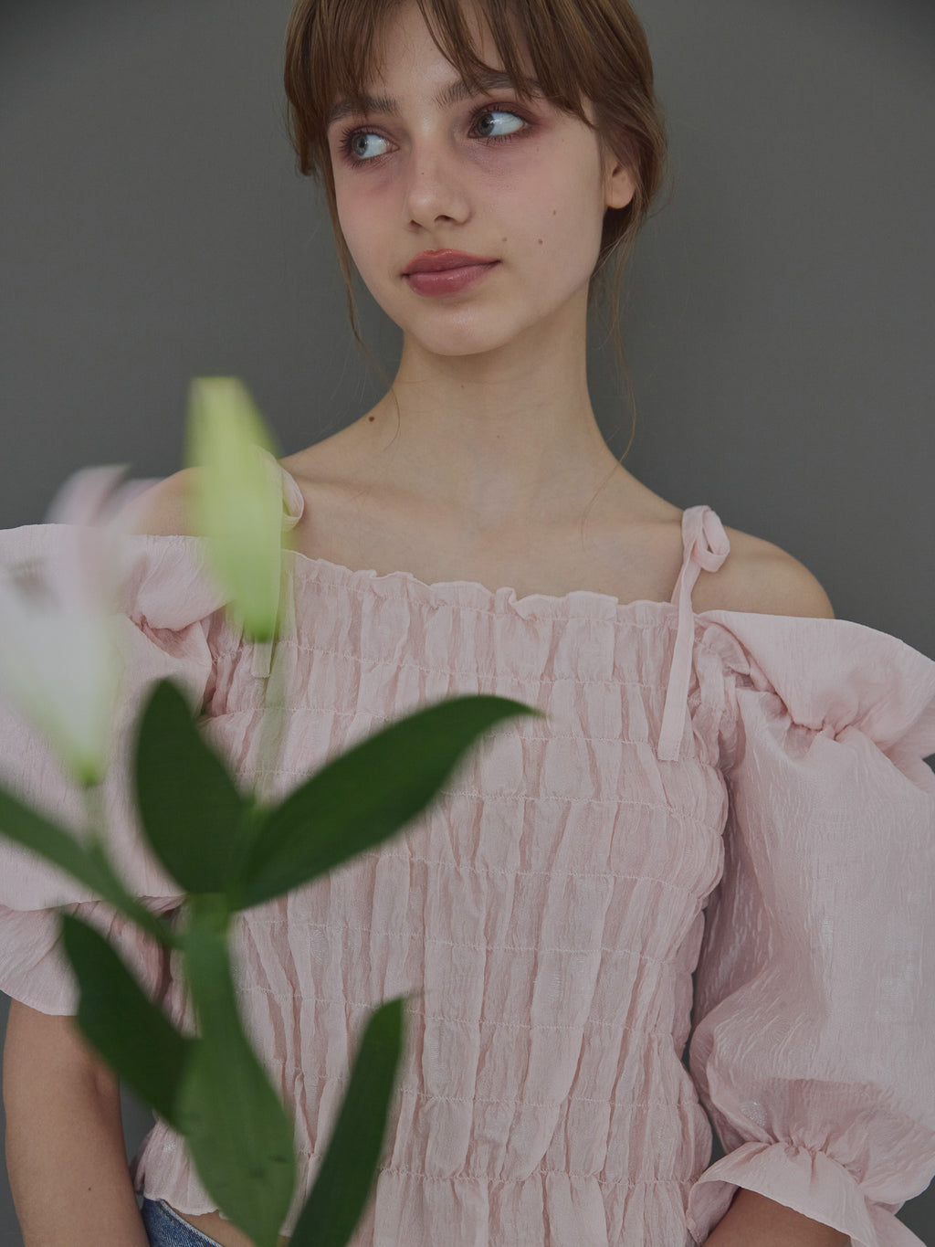 Sheer jacquard off shoulder blouse ピンク size:M model:175cm MARTA