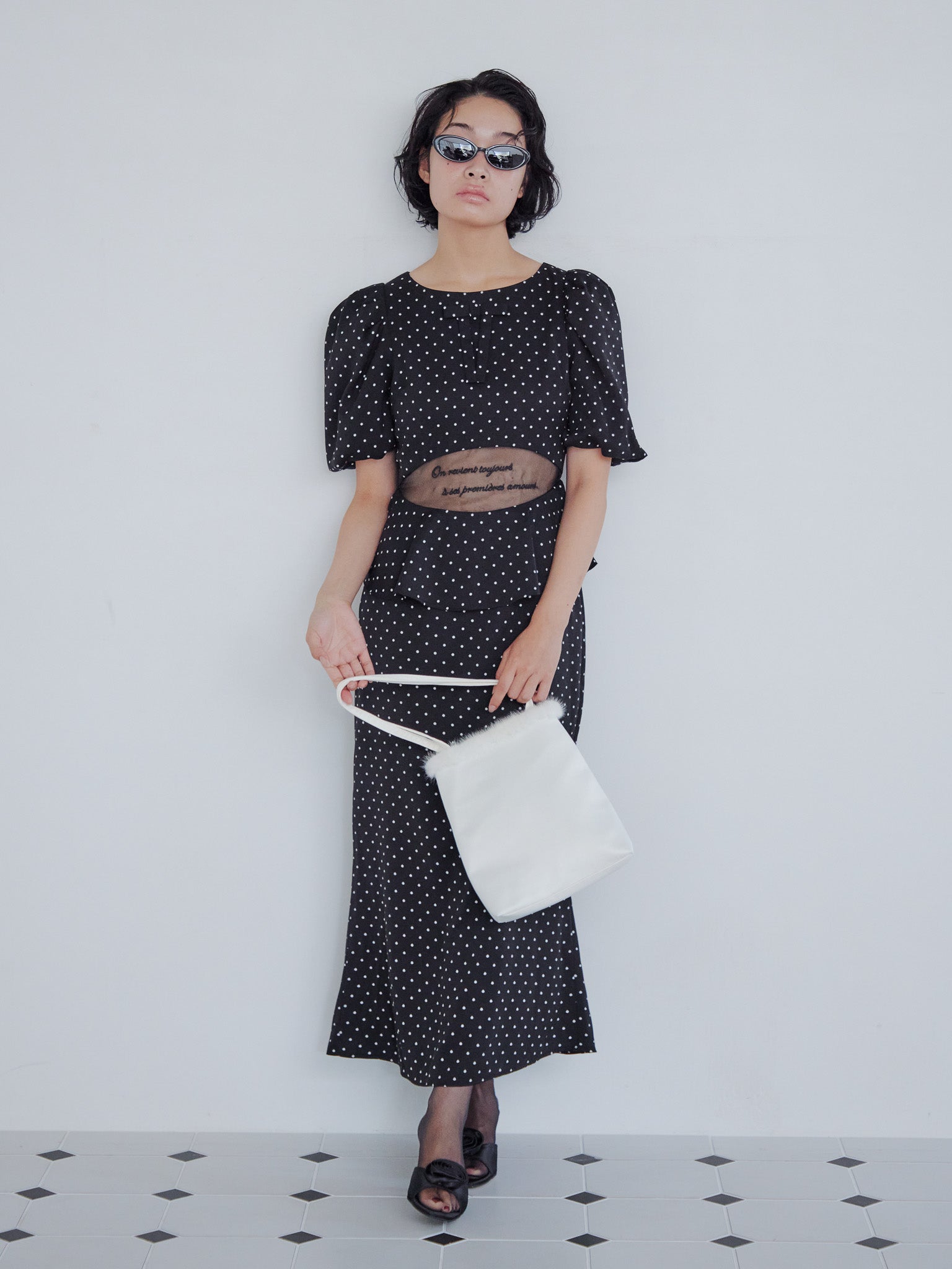 Sheer embroidered puff sleeve dress ドット size:M model:161cm 富樫かなえ