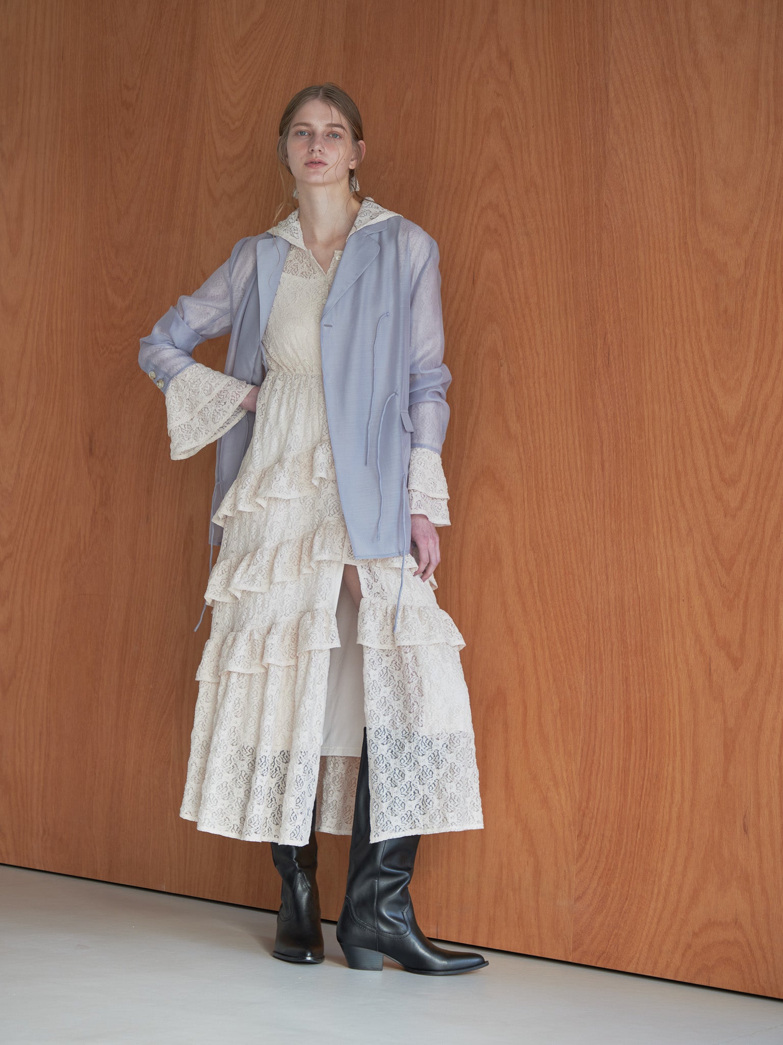 Ribbon sheer jacket グレー size:M model:174cm LERA