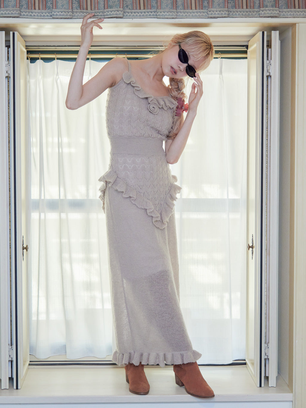 Mohair crochet cami dress モカ size:M model:163cm MINAMI