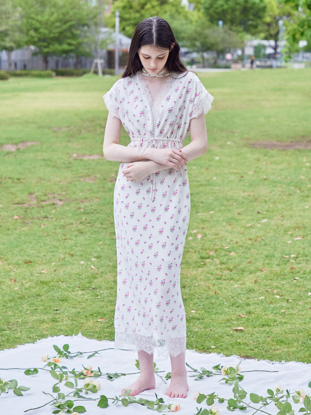 Lace trimming flower dress ピンク size:M model:170cm ALICE