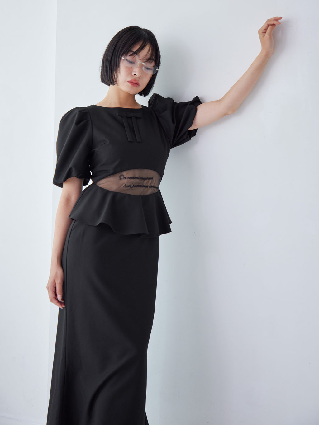 Sheer embroidered puff sleeve dress ブラック size:M model:161cm 富樫かなえ